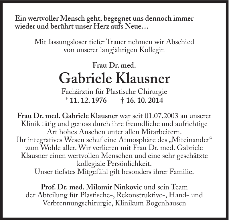  Traueranzeige für Gabriele Klausner vom 08.11.2014 aus Süddeutsche Zeitung