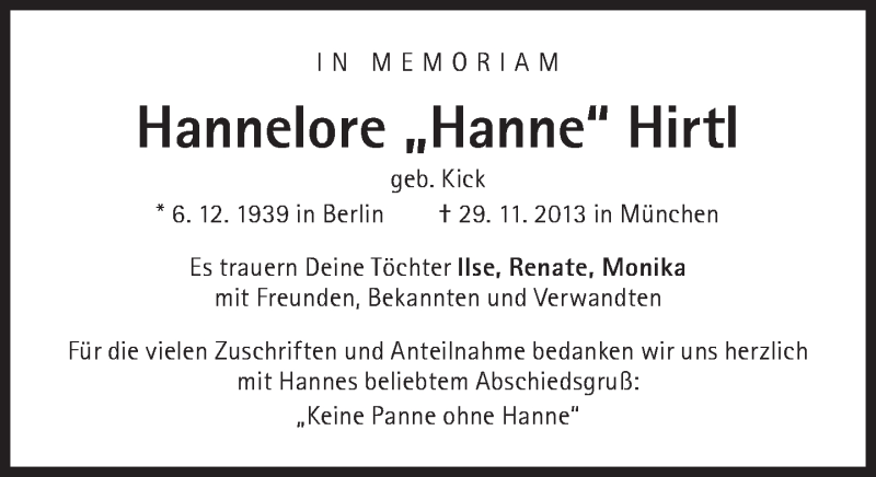  Traueranzeige für Hannelore Hirtl vom 29.11.2014 aus Süddeutsche Zeitung