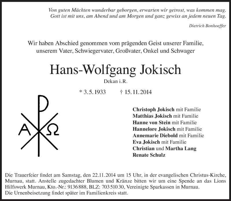 Traueranzeigen Von Hans Wolfgang Jokisch Sz Gedenken De