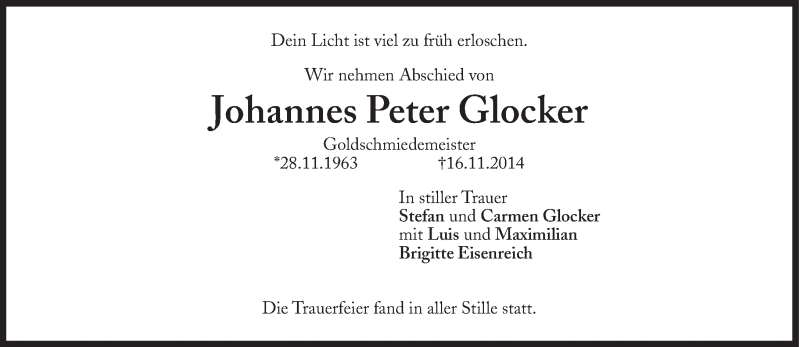  Traueranzeige für Johannes Peter Glocker vom 28.11.2014 aus Süddeutsche Zeitung