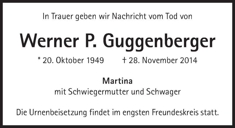  Traueranzeige für Werner Guggenberger vom 06.12.2014 aus Süddeutsche Zeitung