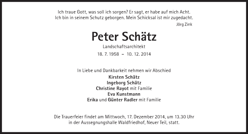  Traueranzeige für Peter Schätz vom 13.12.2014 aus Süddeutsche Zeitung