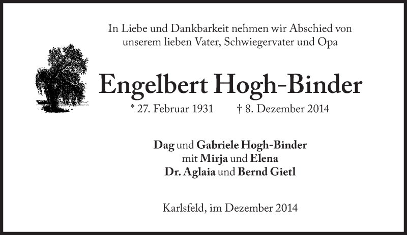  Traueranzeige für Engelbert Hogh-Binder vom 15.12.2014 aus Süddeutsche Zeitung