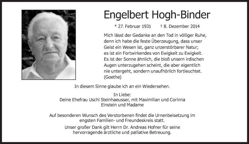  Traueranzeige für Engelbert Hogh-Binder vom 20.12.2014 aus Süddeutsche Zeitung