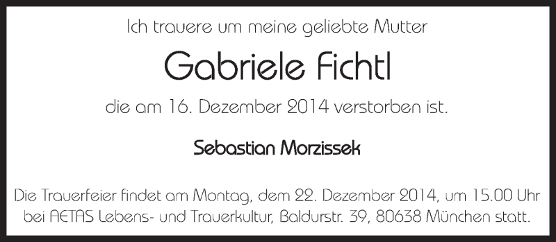 Traueranzeige für Gabriele Fichtl vom 19.12.2014 aus Süddeutsche Zeitung