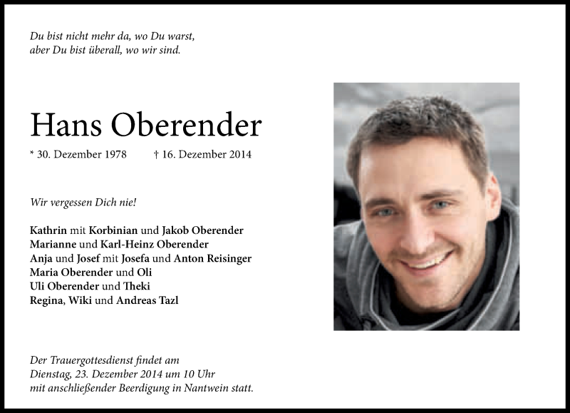  Traueranzeige für Hans Oberender vom 20.12.2014 aus Süddeutsche Zeitung