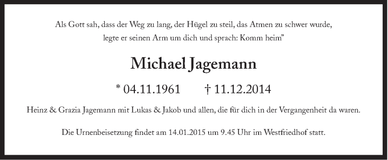  Traueranzeige für Michael Jagemann vom 24.12.2014 aus Süddeutsche Zeitung