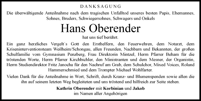  Traueranzeige für Hans Oberender vom 03.01.2015 aus Süddeutsche Zeitung