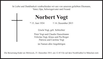 Traueranzeigen Von Norbert Vogt SZ Gedenken De