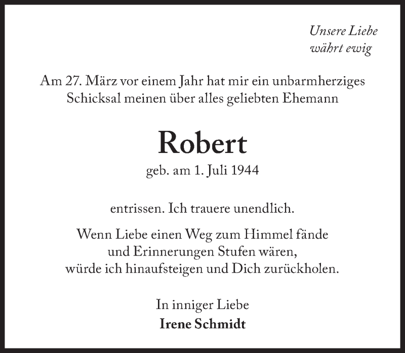  Traueranzeige für Robert Schmidt vom 27.03.2015 aus Süddeutsche Zeitung