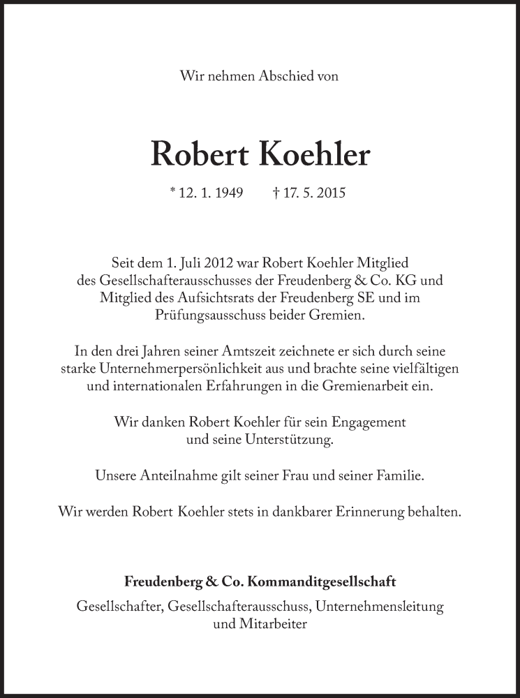  Traueranzeige für Robert Koehler vom 21.05.2015 aus Süddeutsche Zeitung