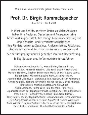 Traueranzeige von Birgit Rommelspacher von Süddeutsche Zeitung