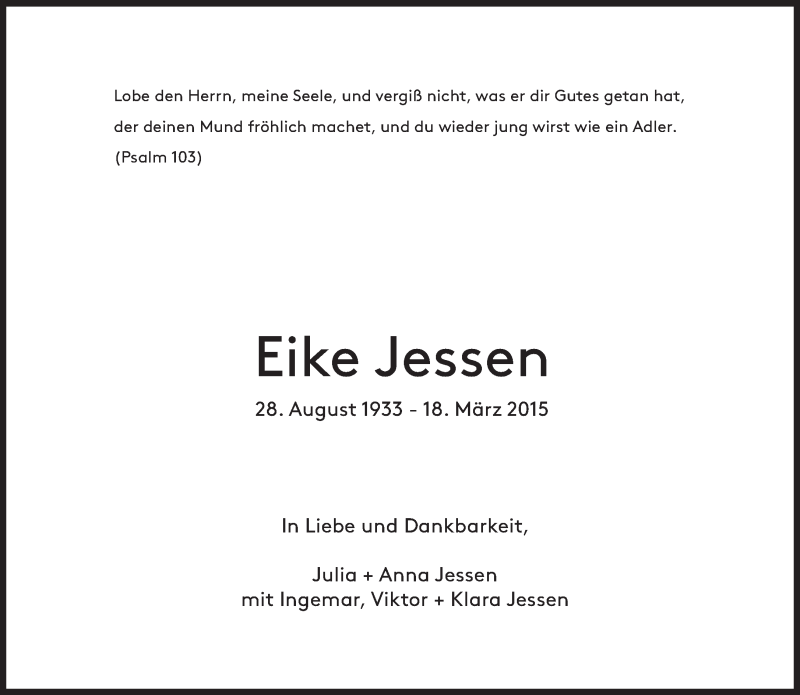  Traueranzeige für Eike Jessen vom 21.03.2015 aus Süddeutsche Zeitung