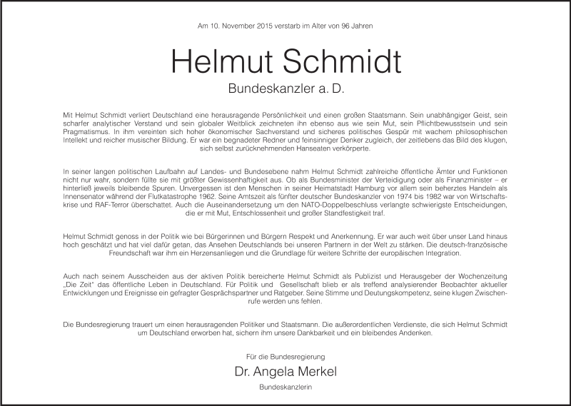  Traueranzeige für Helmut Schmidt vom 14.11.2015 aus Süddeutsche Zeitung