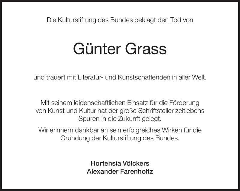  Traueranzeige für Günter Grass vom 18.04.2015 aus Süddeutsche Zeitung