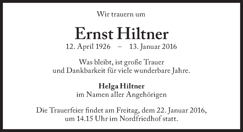 Traueranzeigen Von Ernst Hiltner Sz Gedenken De