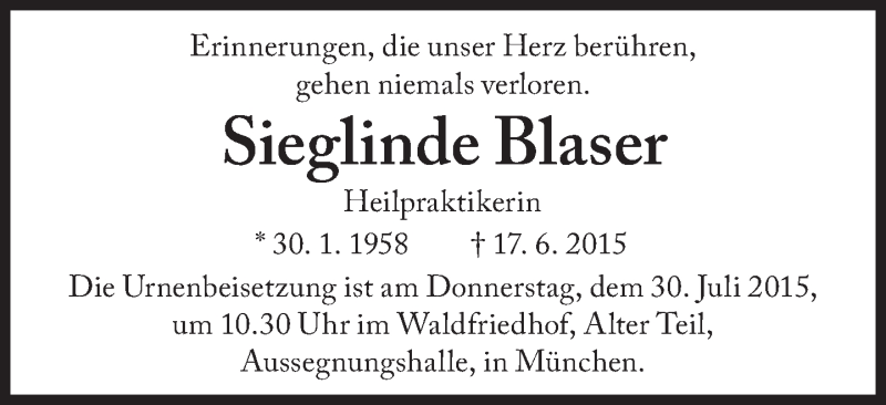  Traueranzeige für Sieglinde Blaser vom 24.07.2015 aus Süddeutsche Zeitung