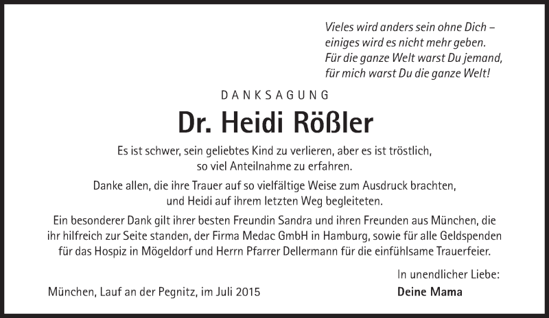  Traueranzeige für Heidi Rößler vom 18.07.2015 aus Süddeutsche Zeitung