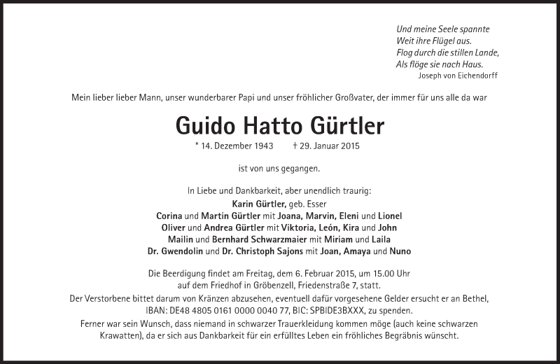  Traueranzeige für Guido Hatto Gürtler  vom 31.01.2015 aus Süddeutsche Zeitung