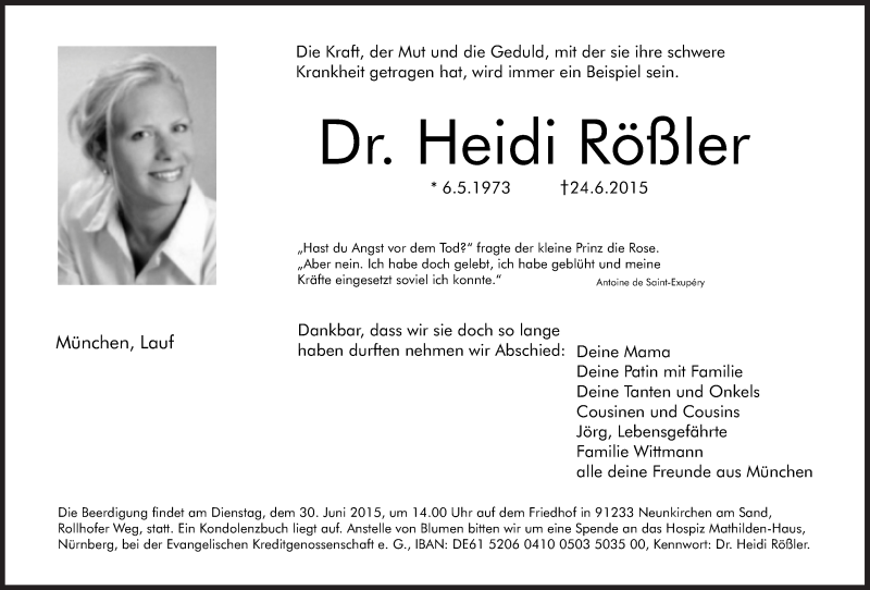  Traueranzeige für Heidi Rößler vom 27.06.2015 aus Süddeutsche Zeitung