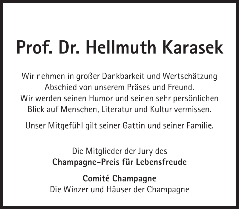  Traueranzeige für Hellmuth Karasek vom 08.10.2015 aus Süddeutsche Zeitung