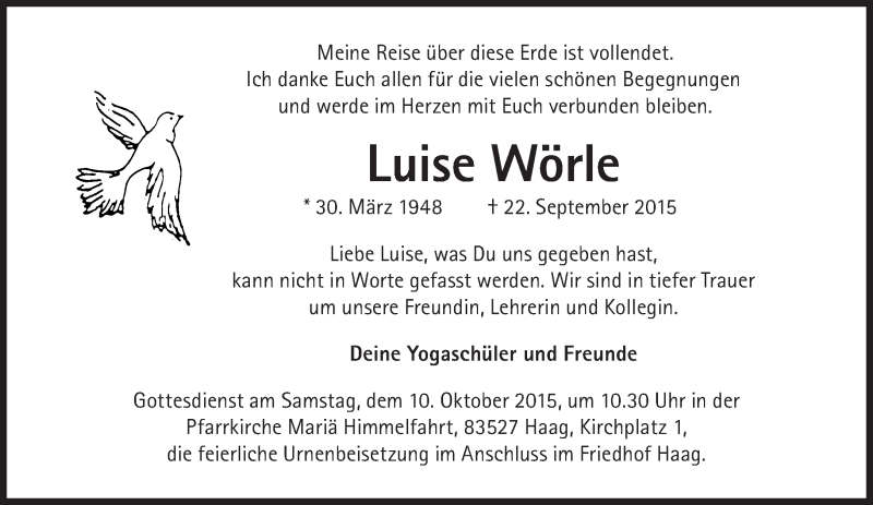  Traueranzeige für Luise Wörle vom 02.10.2015 aus Süddeutsche Zeitung