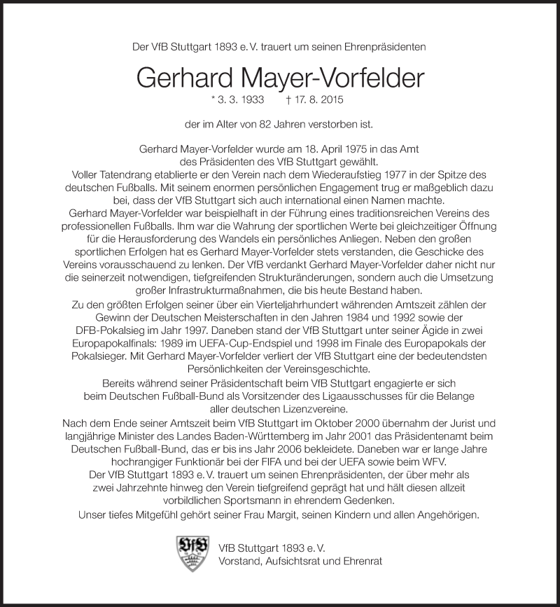  Traueranzeige für Gerhard Mayer-Vorfelder vom 20.08.2015 aus Süddeutsche Zeitung