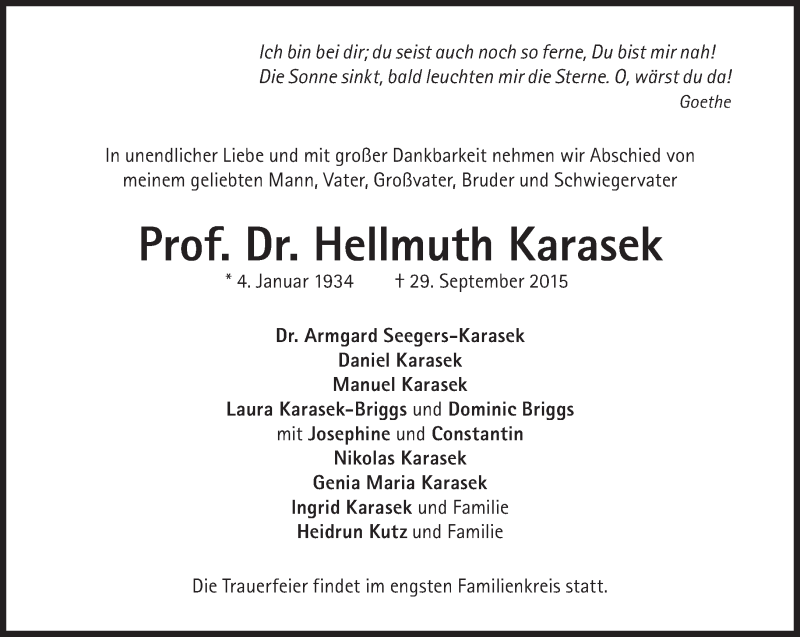  Traueranzeige für Hellmuth Karasek vom 02.10.2015 aus Süddeutsche Zeitung