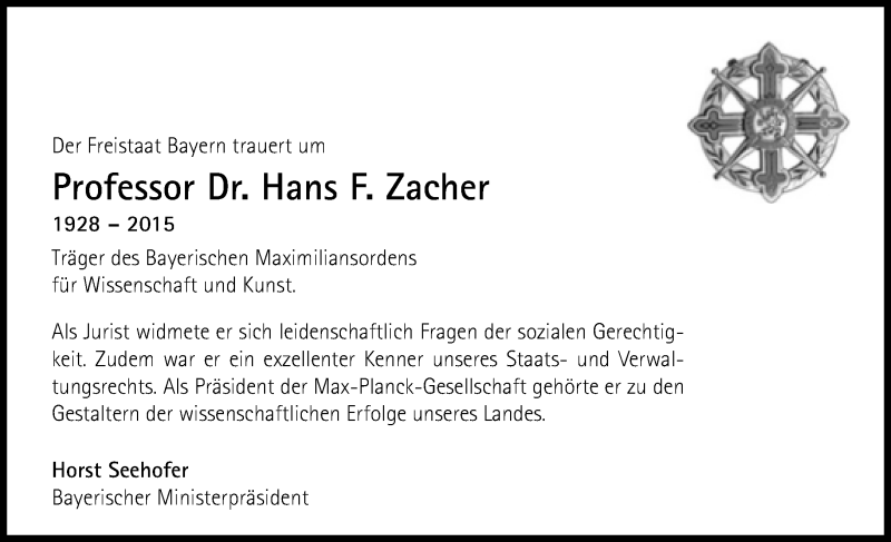 Traueranzeige für Hans F. Zacher vom 21.02.2015 aus Süddeutsche Zeitung