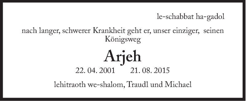  Traueranzeige für Arjeh  vom 24.08.2015 aus Süddeutsche Zeitung