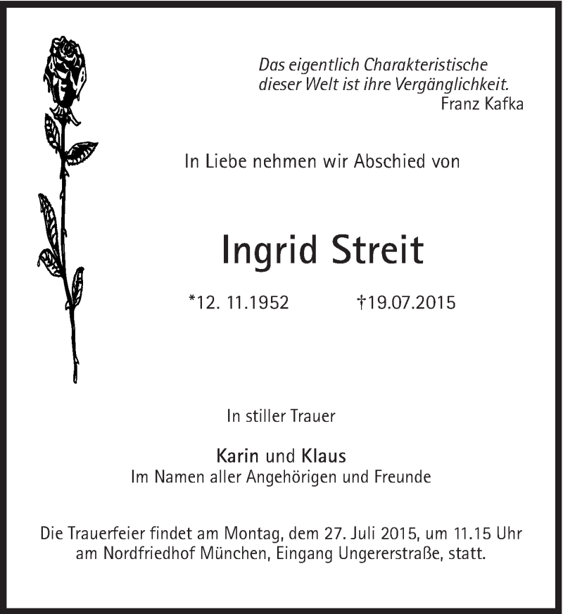  Traueranzeige für Ingrid Streit vom 25.07.2015 aus Süddeutsche Zeitung