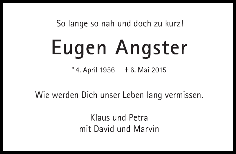  Traueranzeige für Eugen Angster vom 11.05.2015 aus Süddeutsche Zeitung