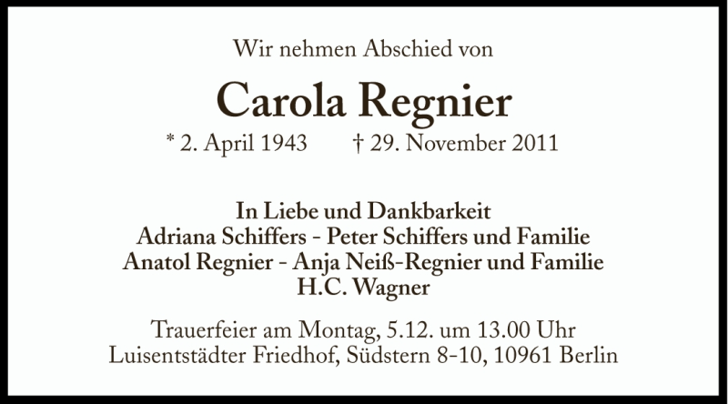  Traueranzeige für Carola Regnier vom 01.12.2011 aus Süddeutsche Zeitung