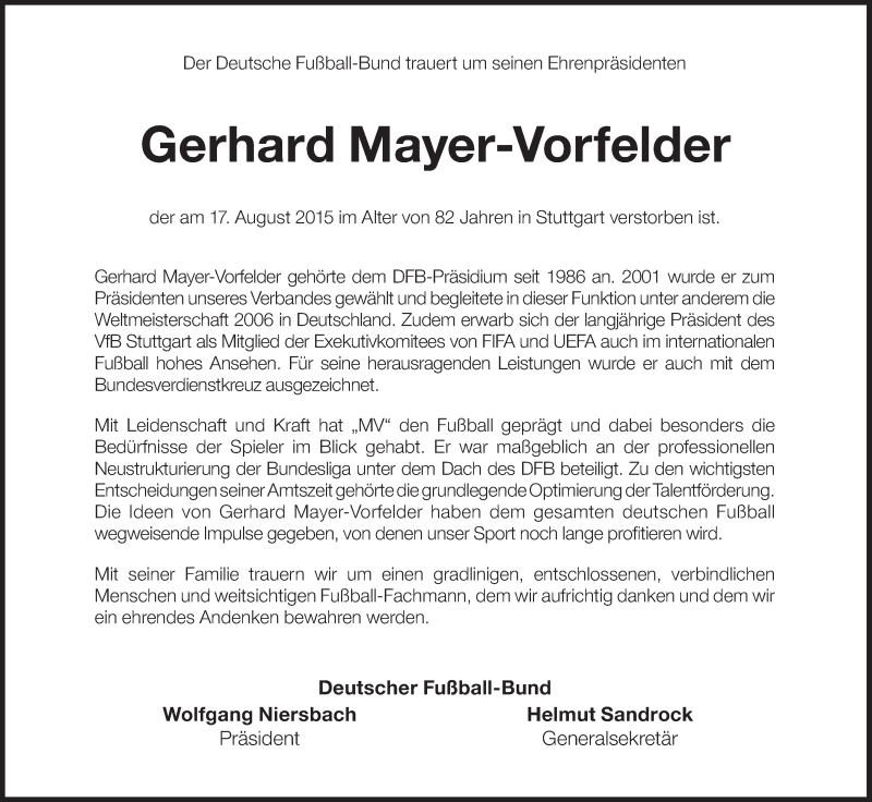  Traueranzeige für Gerhard Mayer-Vorfelder vom 22.08.2015 aus Süddeutsche Zeitung
