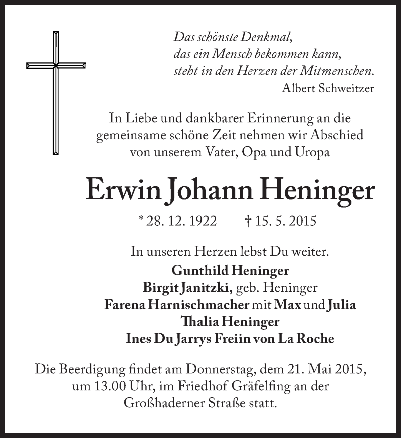 Traueranzeigen Von Erwin Johann Heninger Sz Gedenken De