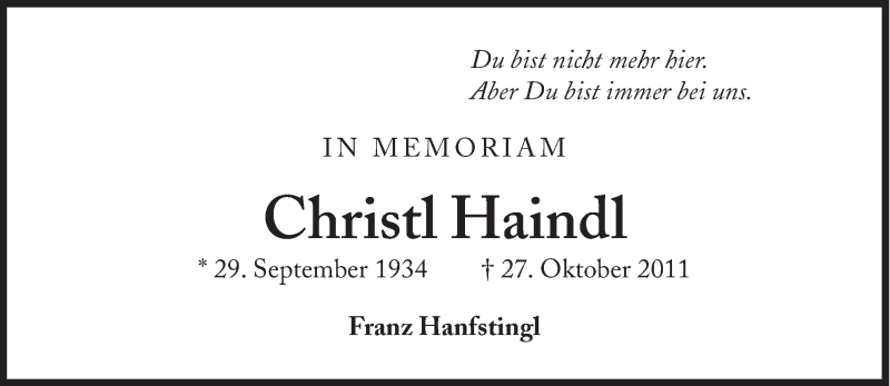  Traueranzeige für Christl Haindl vom 24.10.2015 aus Süddeutsche Zeitung