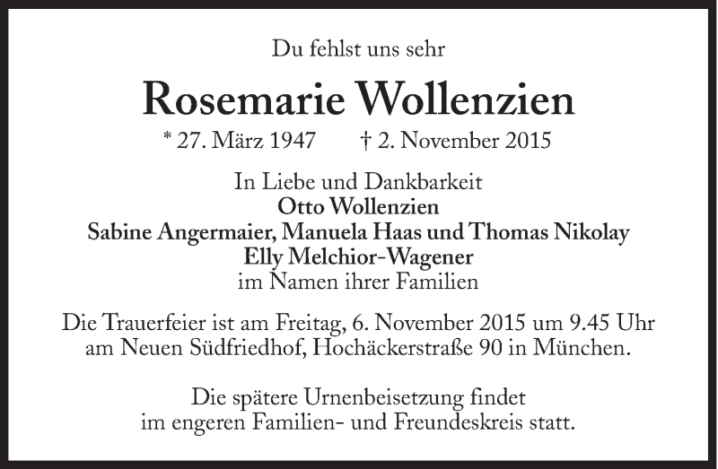 Traueranzeigen Von Rosemarie Wollenzien SZ Gedenken De