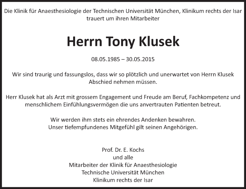  Traueranzeige für Tony Klusek vom 06.06.2015 aus Süddeutsche Zeitung