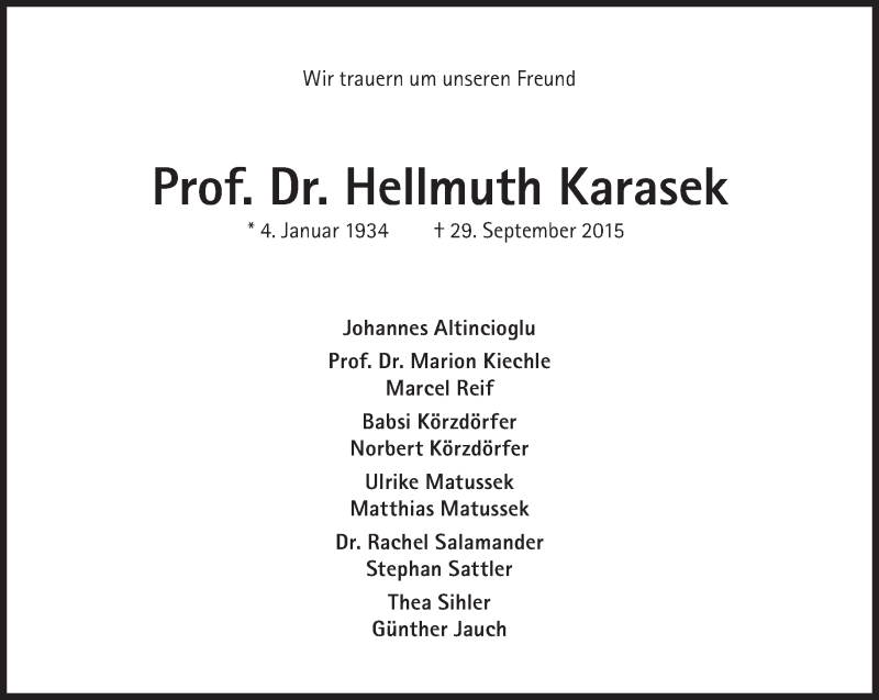  Traueranzeige für Hellmuth Karasek vom 07.10.2015 aus Süddeutsche Zeitung