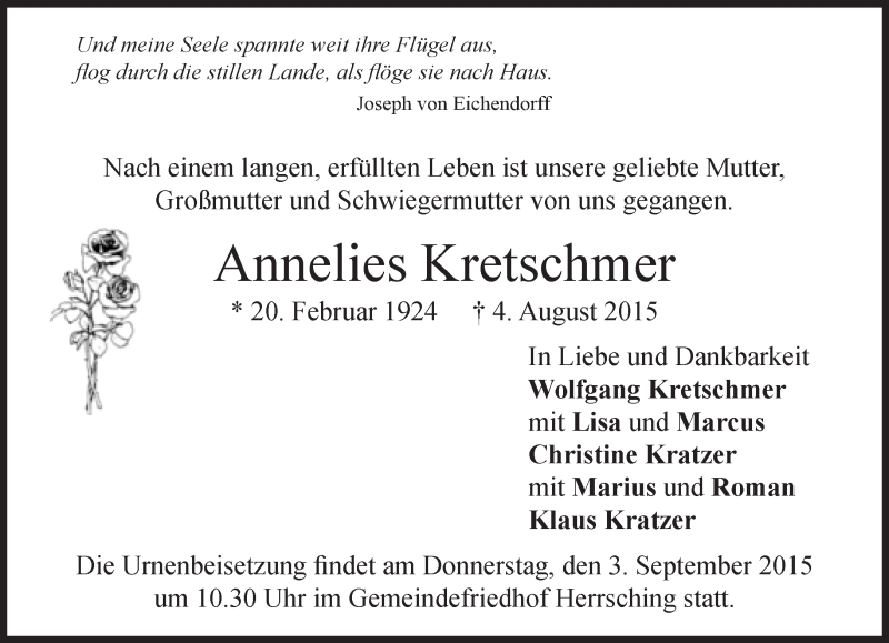 Traueranzeigen Von Annelies Kretschmer SZ Gedenken De