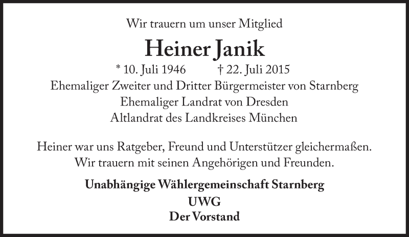  Traueranzeige für Heiner Janik vom 27.07.2015 aus Süddeutsche Zeitung