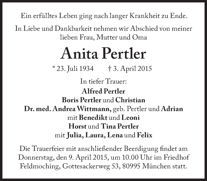  Traueranzeige für Anita Pertler vom 08.04.2015 aus Süddeutsche Zeitung