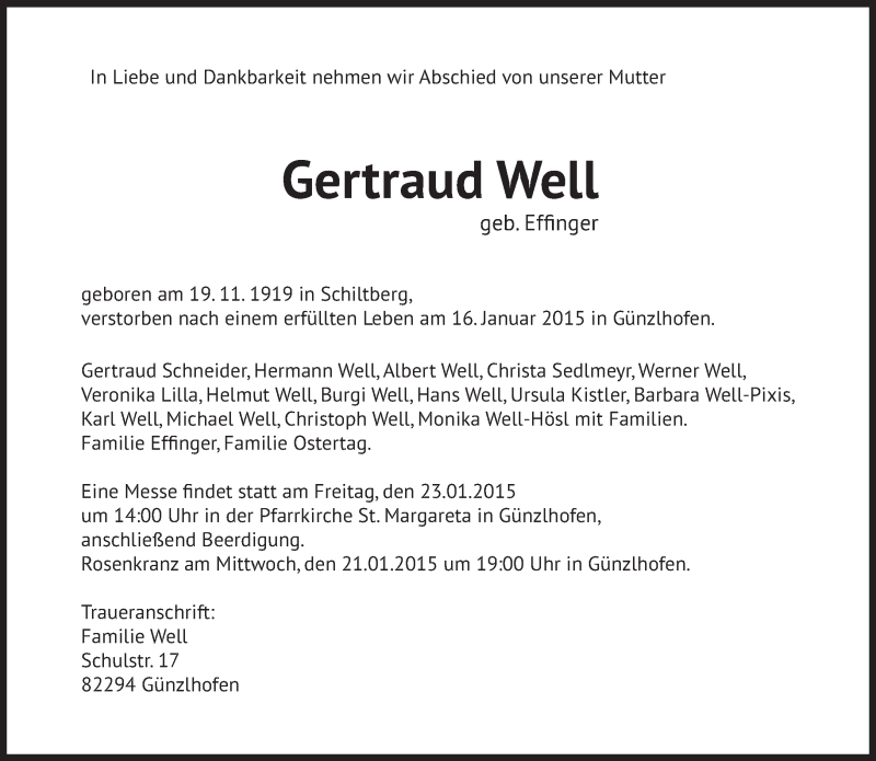  Traueranzeige für Gertraud Well vom 20.01.2015 aus Süddeutsche Zeitung