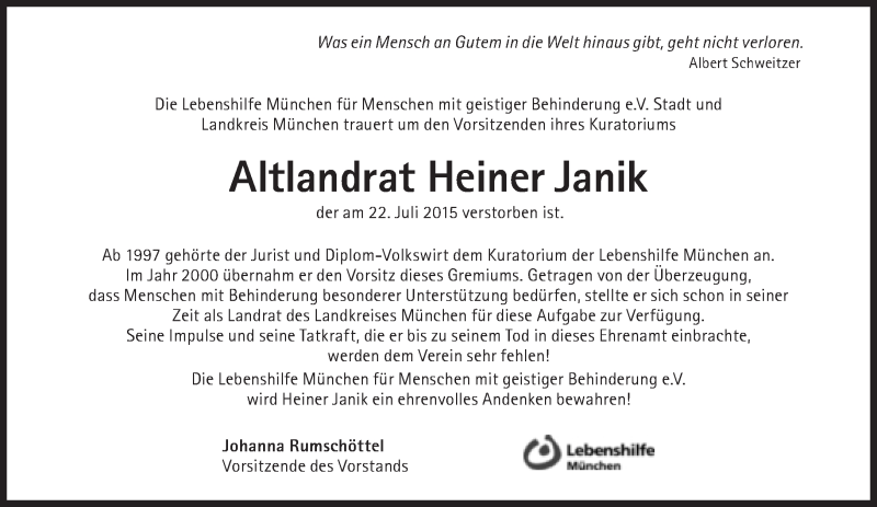  Traueranzeige für Heiner Janik vom 25.07.2015 aus Süddeutsche Zeitung