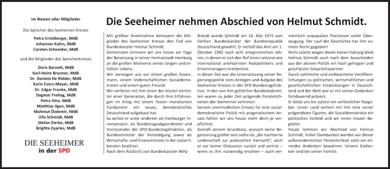  Traueranzeige für Helmut Schmidt vom 23.11.2015 aus Süddeutsche Zeitung
