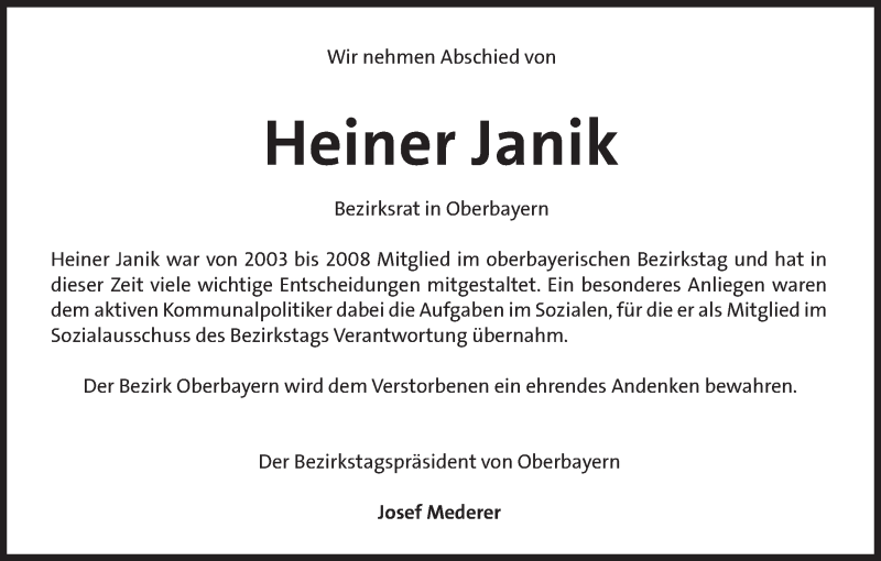  Traueranzeige für Heiner Janik vom 28.07.2015 aus Süddeutsche Zeitung