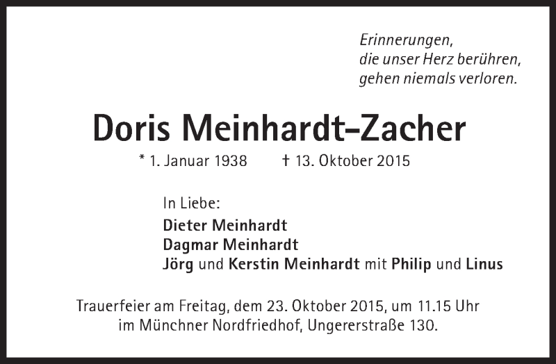 Traueranzeigen Von Doris Meinhardt Zacher SZ Gedenken De