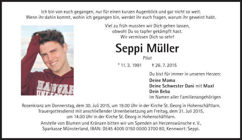  Traueranzeige für Seppi Müller vom 30.07.2015 aus Süddeutsche Zeitung