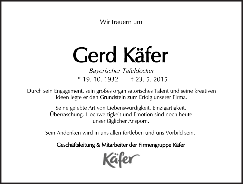  Traueranzeige für Gerd Käfer vom 30.05.2015 aus Süddeutsche Zeitung