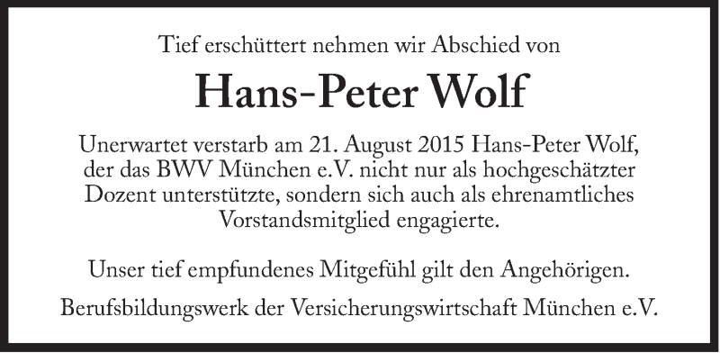  Traueranzeige für Hans-Peter Wolf vom 04.09.2015 aus Süddeutsche Zeitung